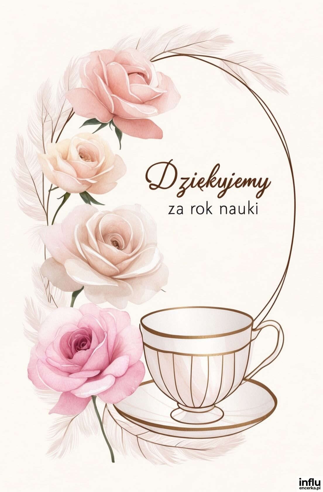 Kartka dla nauczycielki na zakończenie roku z motywem kwiatów i filiżanki