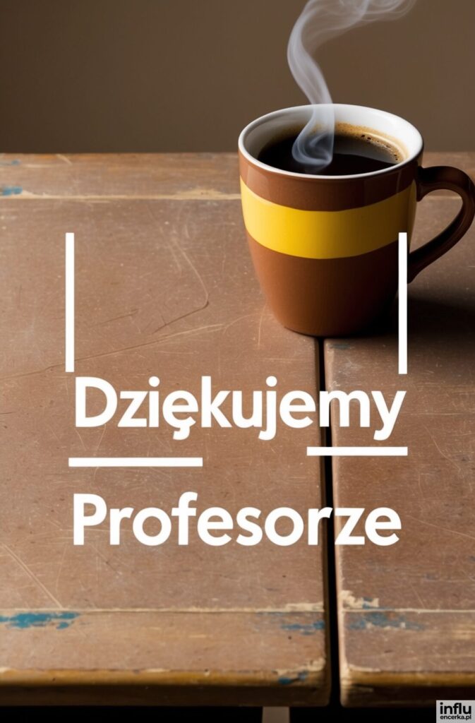 Parująca kawa w brązowo-żółtym kubku na drewnianym stole z napisem „Dziękujemy Profesorze”