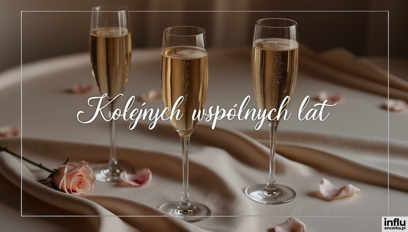 Kartka, kieliszki szampana, życzenia kolejnych wspólnych lat