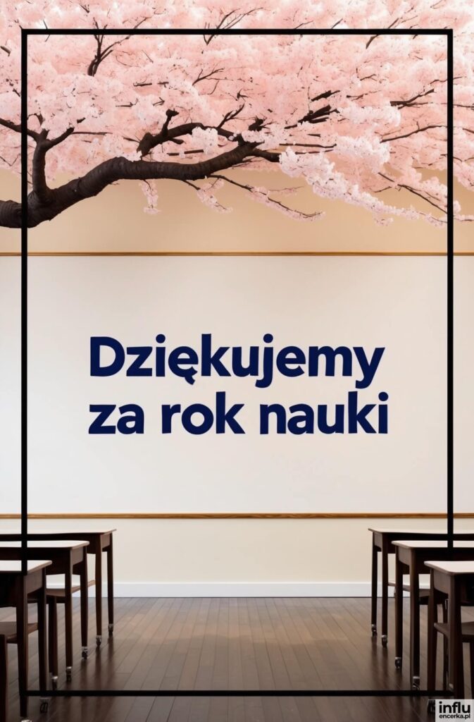 Klasa szkolna z ławkami i kwitnącą wiśnią w tle, z granatowym napisem „Dziękujemy za rok nauki”