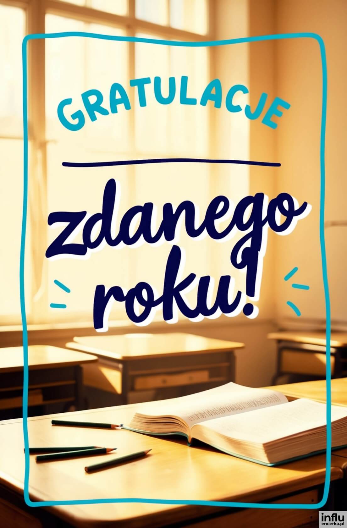 Kartka, motyw książki na ławce szkolnej, gratulacje zdanego roku