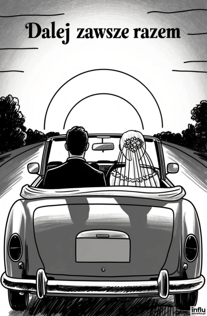 Kartka, nowożeńcy jadący samochodem w stronę zachodzącego słońca, Dalej zawsze razem