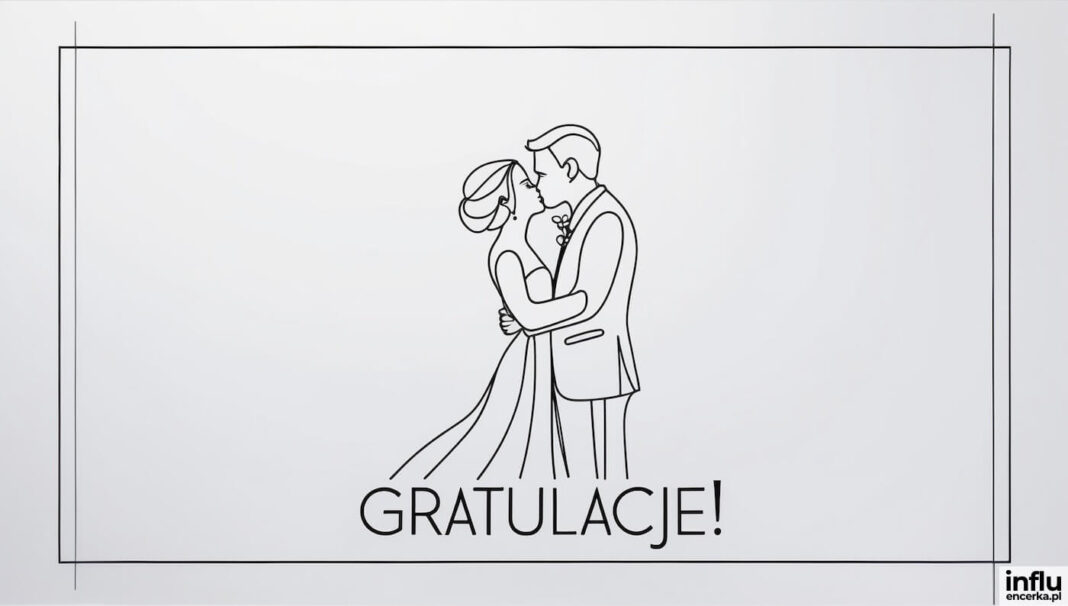 Kartka, obrys małżonków podczas pocałunku, Gratulacje