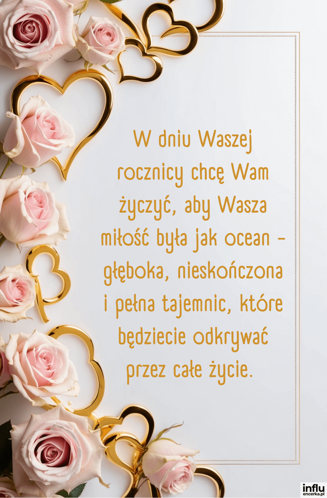 Kartka, różyczki i serca, wzruszające życzenia na rocznicę ślubu
