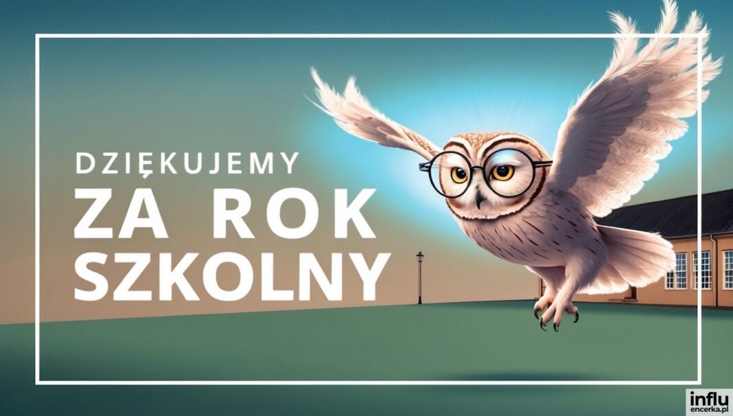 Kartka sowa w okularach na tle szkoły, dziękujmy za rok szkolny