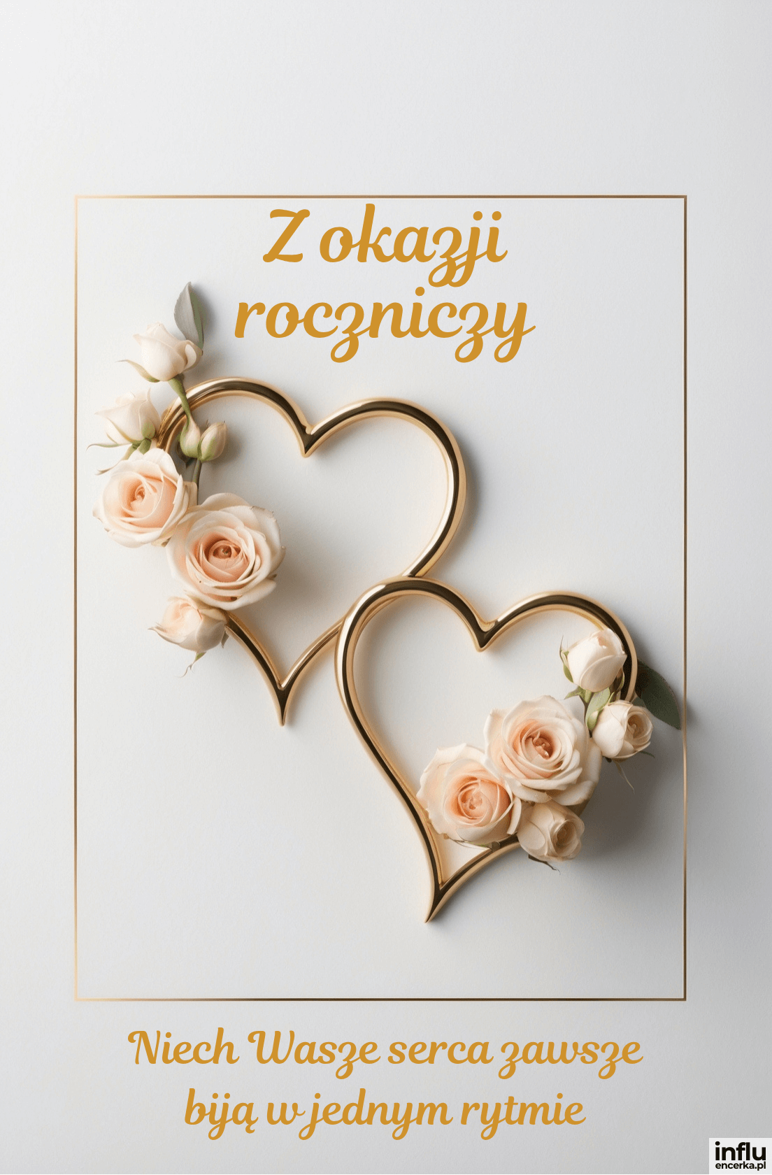 Kartka, złote serca i różyczki, krótkie życzenia z okazji rocznicy ślubu