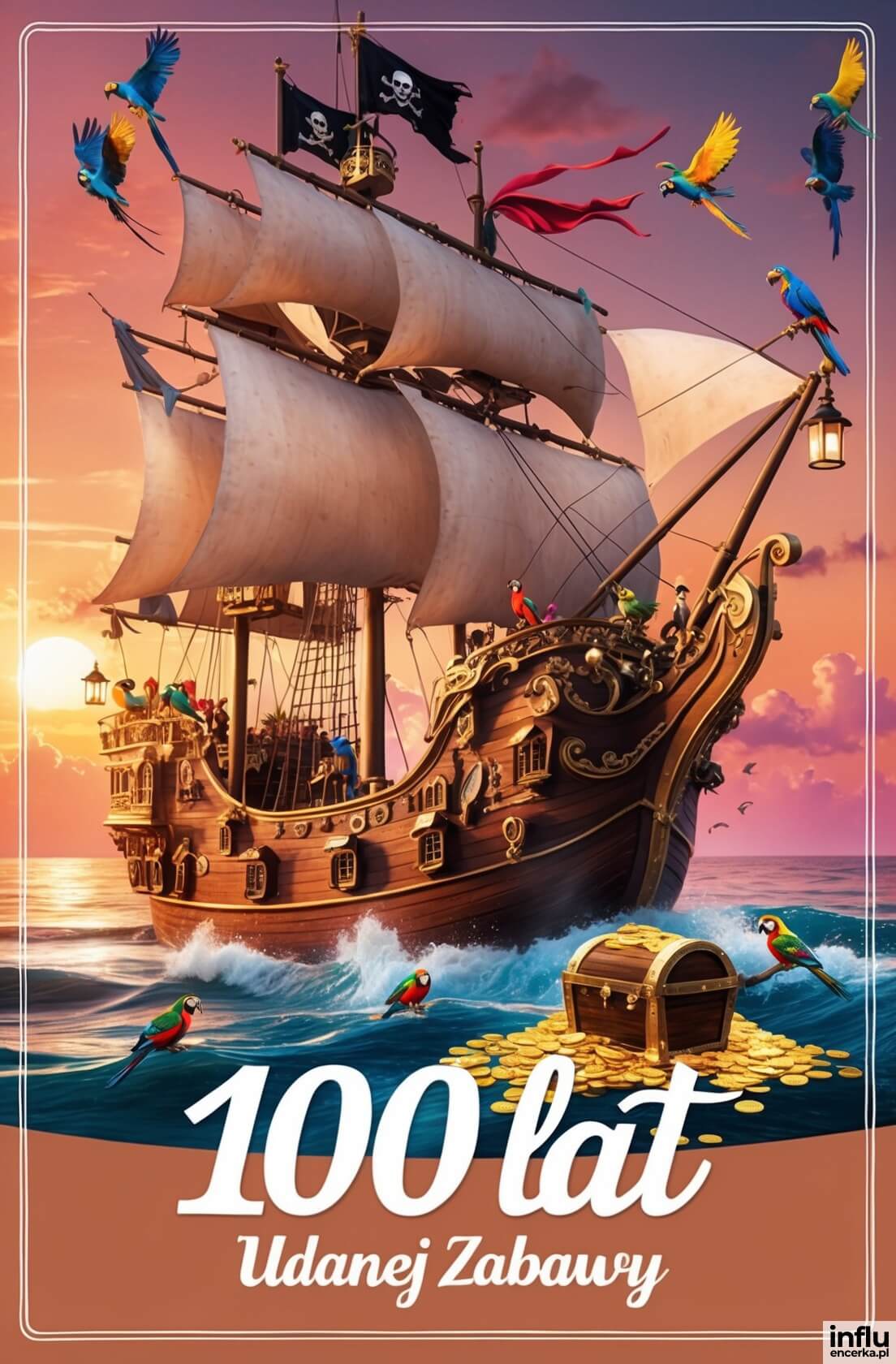 Życzenia 100 lat i udanej zabawy, statek piracki i skrzynia złota