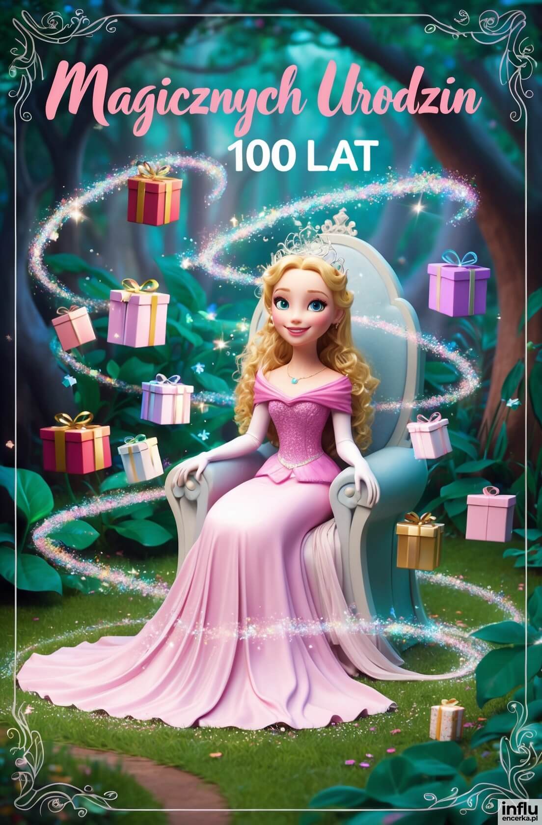 Życzenia magicznych urodzin, księżniczka na tronie w magicznym lesie, wkoło latające prezenty