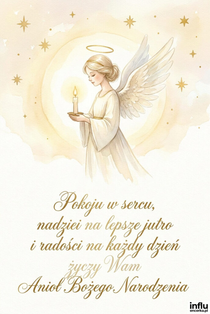 Akwarelowy aniołek ze świeczką i aureolą na kremowym tle, napis „Pokoju w sercu, nadziei na lepsze jutro i radości na każdy dzień życzy Wam Anioł Bożego Narodzenia".