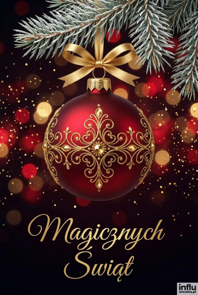 Lśniąca czerwono-złota bombka na ciemnym tle z brokatowym bokeh, elegancki napis „Magicznych Świąt", styl glamour.