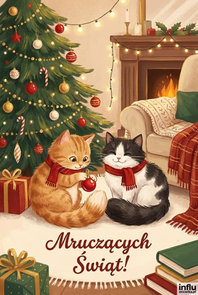Dwa koty w czerwonych szalikach bawiące się przy choince w przytulnym wnętrzu, napis „Mrucących Świąt!".