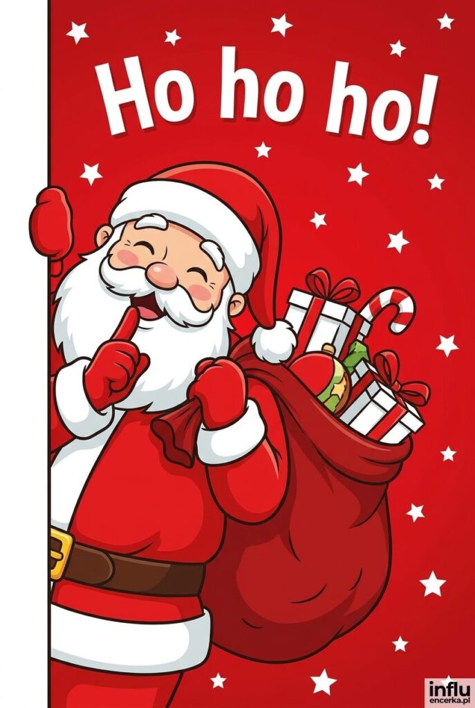 Roześmiany Mikołaj z workiem prezentów zaglądający zza kadru na czerwonym tle, napis „Ho ho ho!".