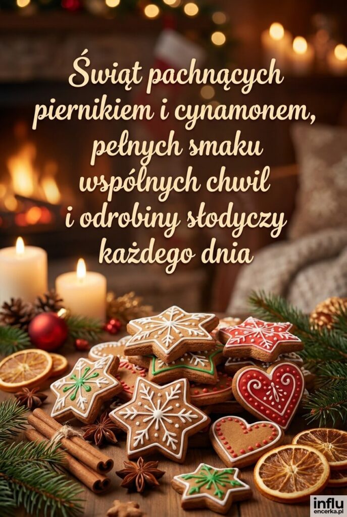 Lukrowane pierniczki z cynamonem na ciepłym tle, napis „Świąt pachnących piernikiem i cynamonem, pełnych smaku wspólnych chwil i odrobiny słodyczy każdego dnia".