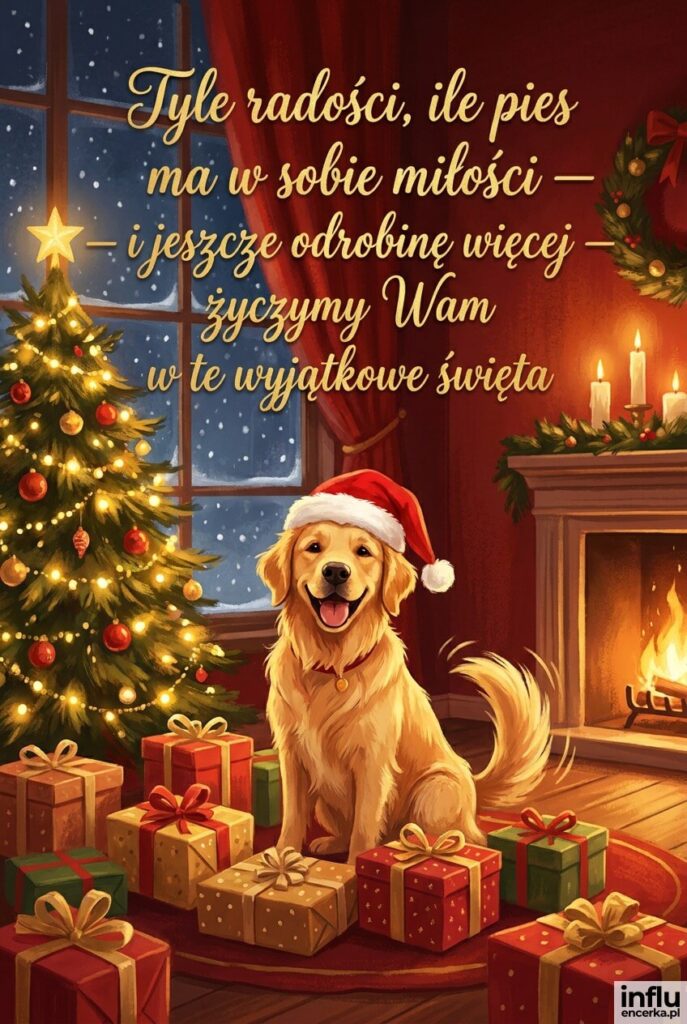 Pies w czapce Mikołaja wśród prezentów pod choinką, napis „Tyle radości, ile pies ma w sobie miłości — i jeszcze odrobinę więcej — życzymy Wam w te wyjątkowe święta".