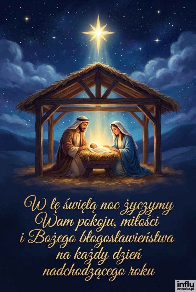 Szopka z Maryją, Józefem i żłóbkiem pod Gwiazdą Betlejemską, napis „W tę świętą noc życzymy Wam pokoju, miłości i Bożego błogosławieństwa na każdy dzień nadchodzącego roku".