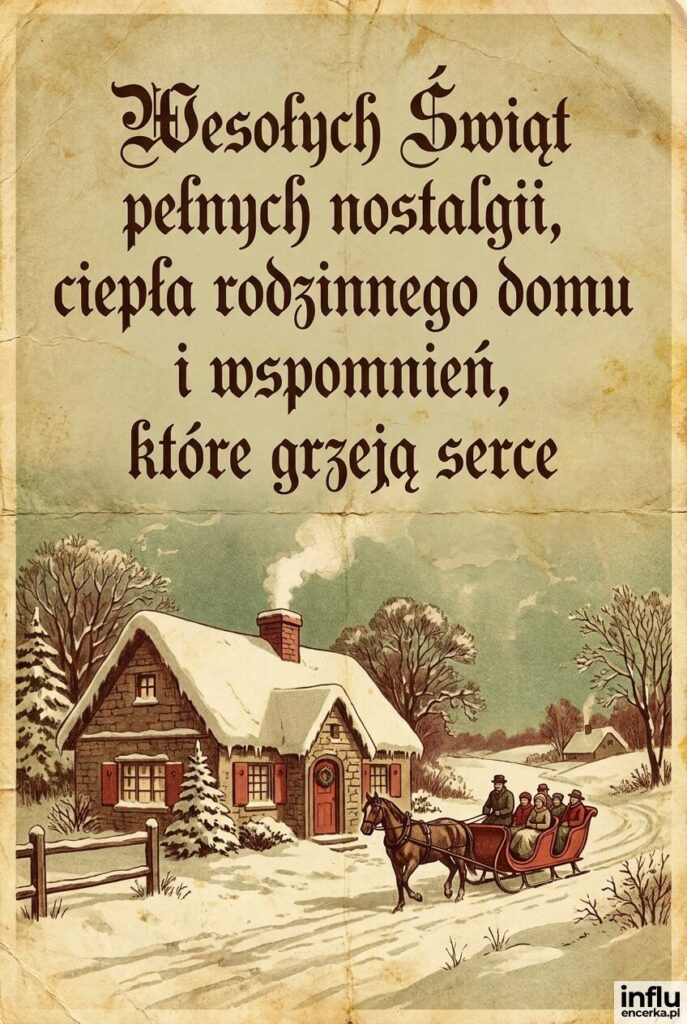 Vintage'owa scena z ośnieżonym domkiem i saniami w sepiowych barwach, napis „Wesołych Świąt pełnych nostalgii, ciepła rodzinnego domu i wspomnień, które grzeją serce".
