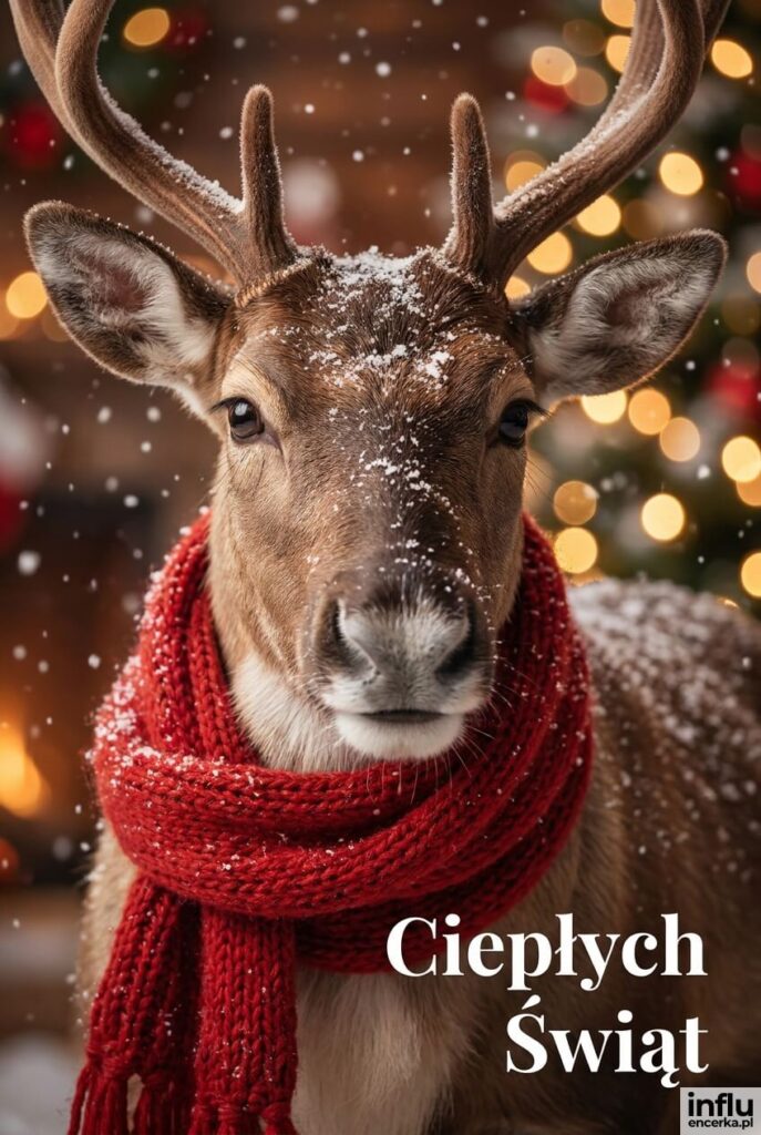 Fotorealistyczny renifer w czerwonym szaliku na tle bokeh świątecznych lampek; napis „Ciepłych Świąt".