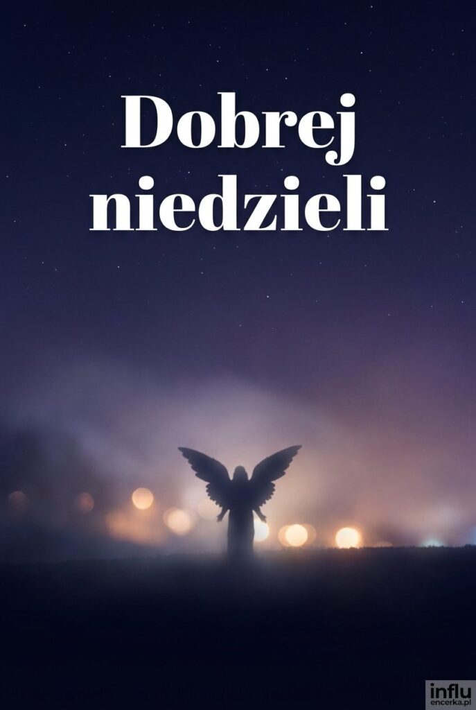 Sylwetka anioła na nocnym niebie z gwiazdami i napisem „Dobrej niedzieli”.