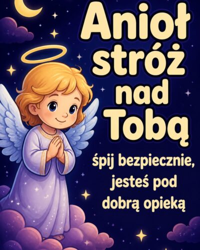 Kreskówkowy anioł na granatowym tle z nagłówkiem „Anioł stróż nad Tobą” w piaskowej barwie.