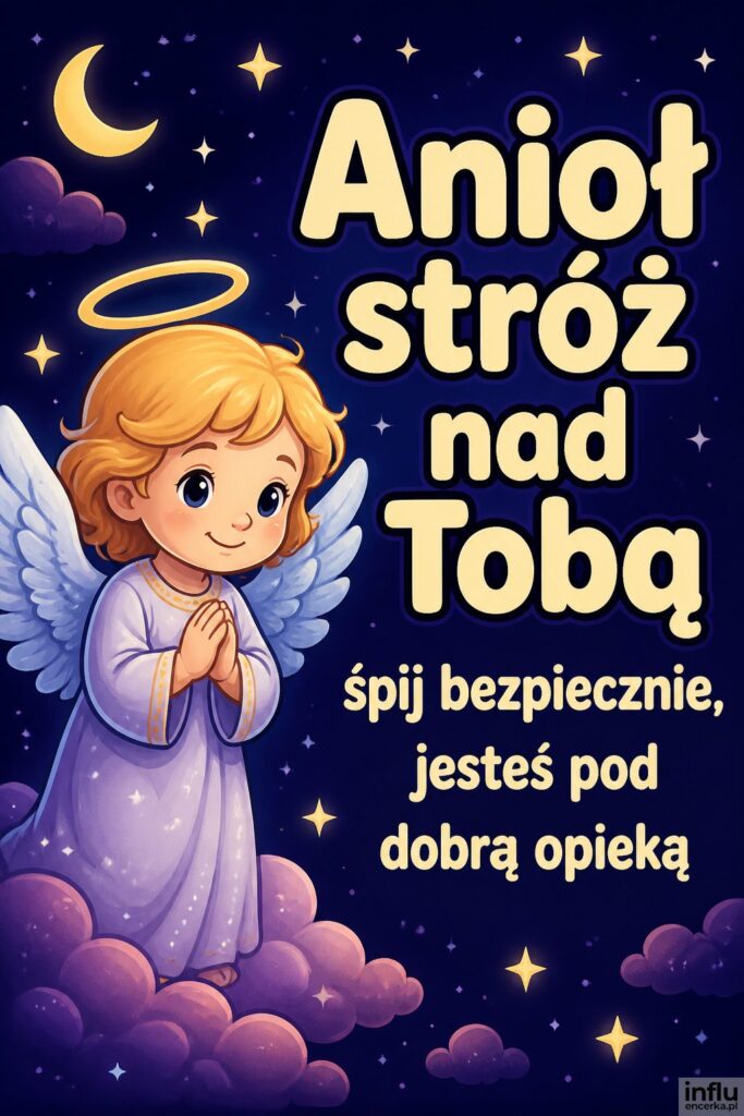 Kreskówkowy anioł na granatowym tle z nagłówkiem „Anioł stróż nad Tobą” w piaskowej barwie.