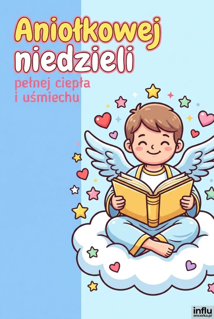 Kreskówkowy anioł na obłoku z książką i gwiazdkami, z napisem „Aniołkowej niedzieli”.