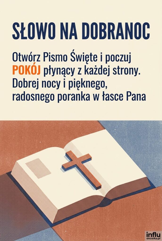 Riso grafika z otwartą Biblią i krzyżem zatytułowana „Słowo na dobranoc”.