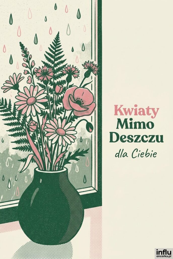 Płaska ilustracja bukietu polnych kwiatów w wazonie przy oknie z kroplami deszczu i napisem „Kwiaty Mimo Deszczu".