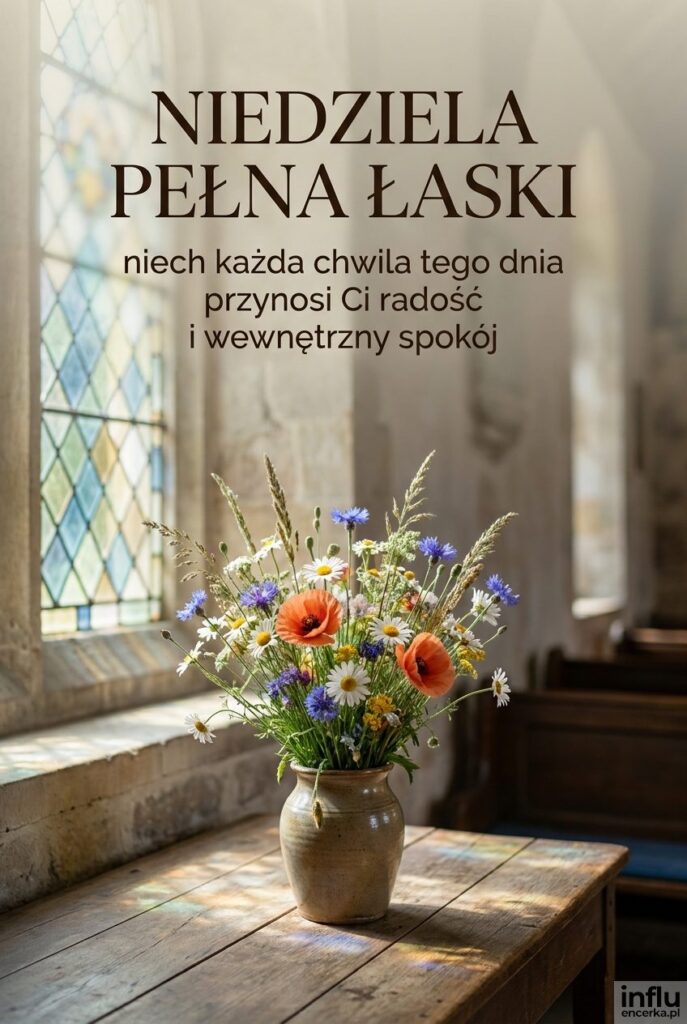 Bukiet polnych kwiatów przy oknie kościelnym z witrażem i napisem „Niedziela pełna łaski”.