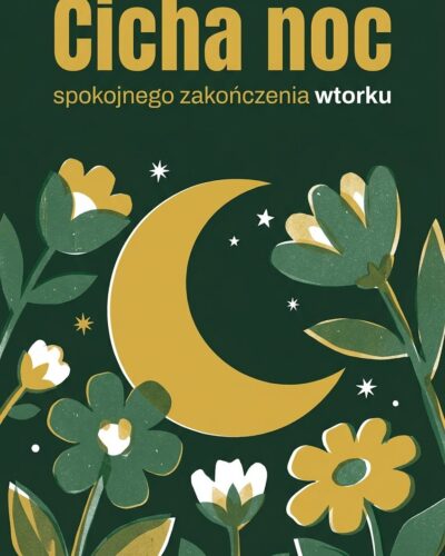 Rysunek z ziarnem przedstawiający księżyc pośród kwiatów obok napisu "Cicha noc".