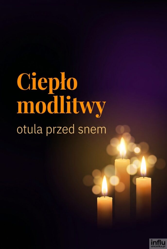 Zapalone świece otulone mrokiem nocy z tekstem zachęcającym do modlitwy „Ciepło modlitwy”.