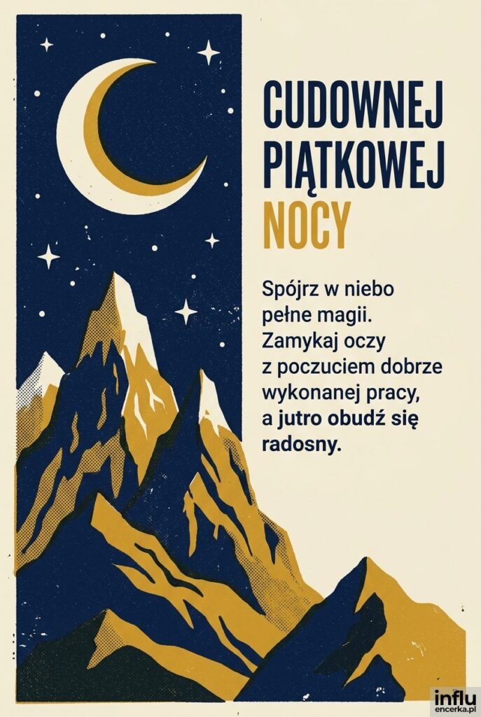 Sitodruk z nocnym górskim krajobrazem, dużym księżycem i nagłówkiem "Cudownej piątkowej nocy".