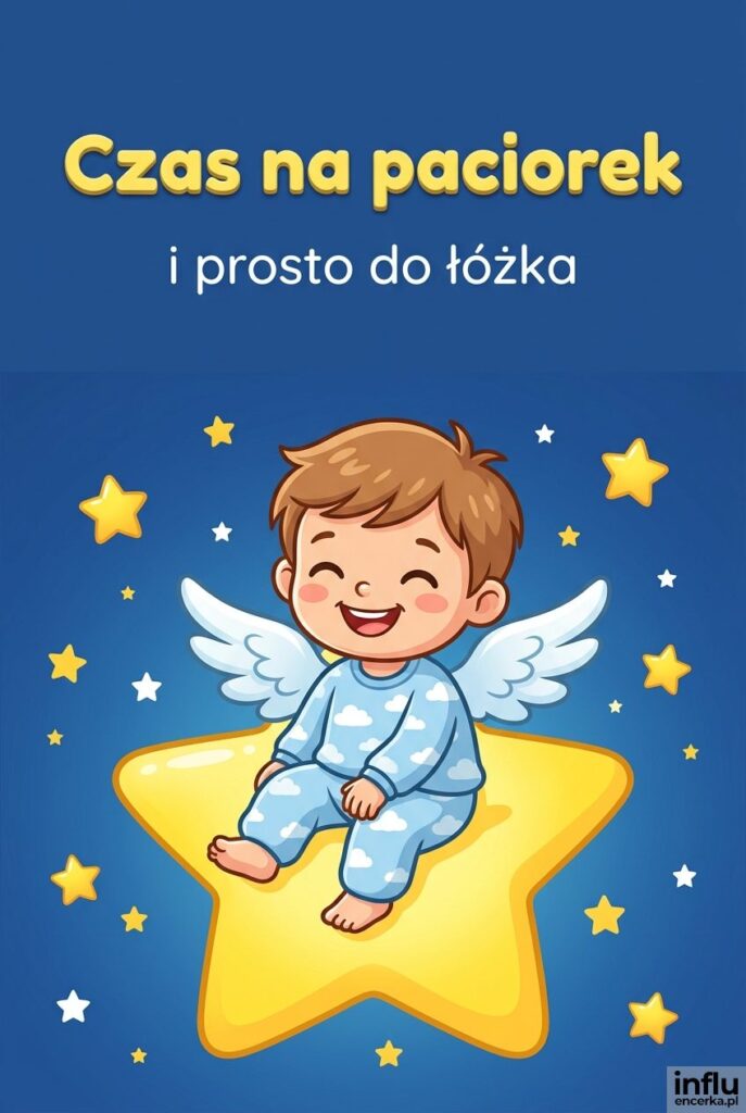Zabawny aniołek siedzący na gwiazdce przypominający, że „Czas na paciorek”.