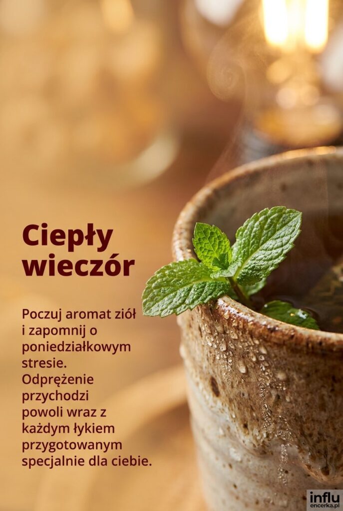 Z bliska pokazany ceramiczny kubek ziołowego naparu z parą wodną i nagłówkiem „Ciepły wieczór”.