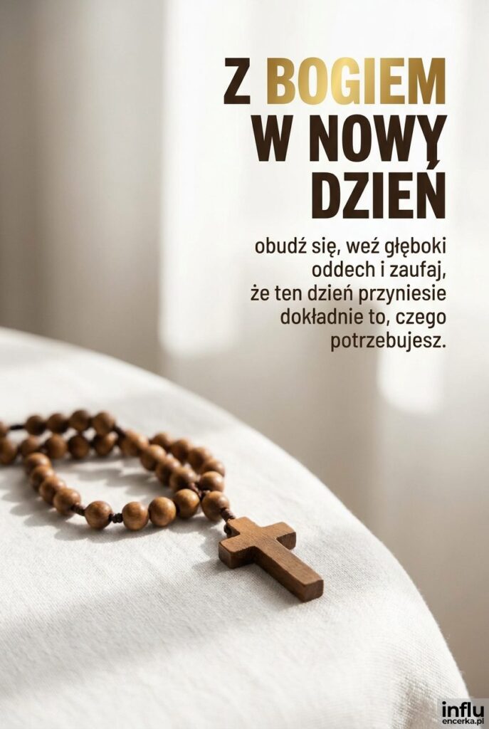 Zbliżenie drewnianego różańca i krzyżyka na jasnym obrusie z napisem „Z Bogiem w nowy dzień".