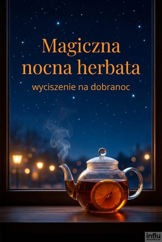 Szklany dzbanek gorącej herbaty z pomarańczą na tle gwiaździstego nocnego nieba i tekst „Magiczna nocna herbata”.