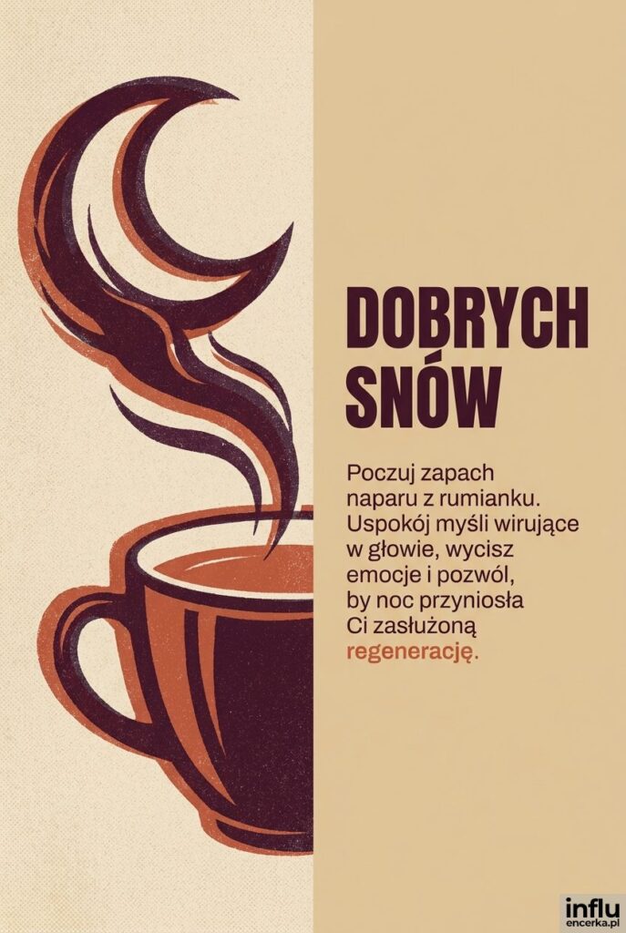 Risograficzna grafika filiżanki herbaty z dymem w kształcie księżyca i życzeniami "Dobrych snów".
