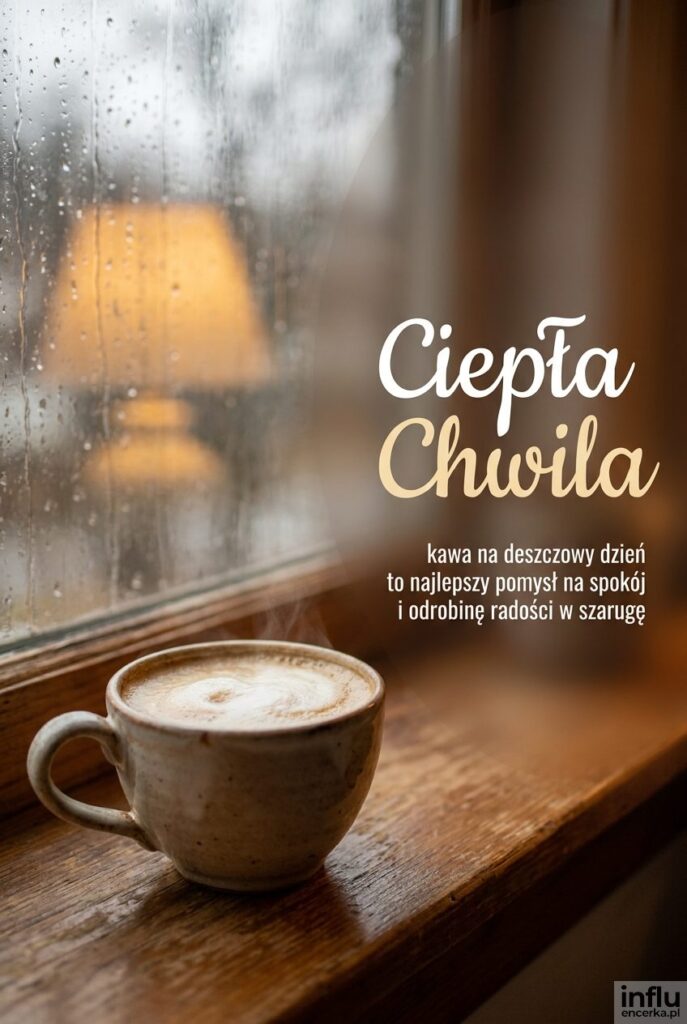 Parująca filiżanka kawy na parapecie z kroplami deszczu na szybie i napisem „Ciepła Chwila".