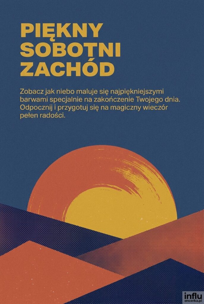 Geometryczny krajobraz ze słońcem opadającym za wzgórza w technice riso oraz napis „Piękny sobotni zachód”.