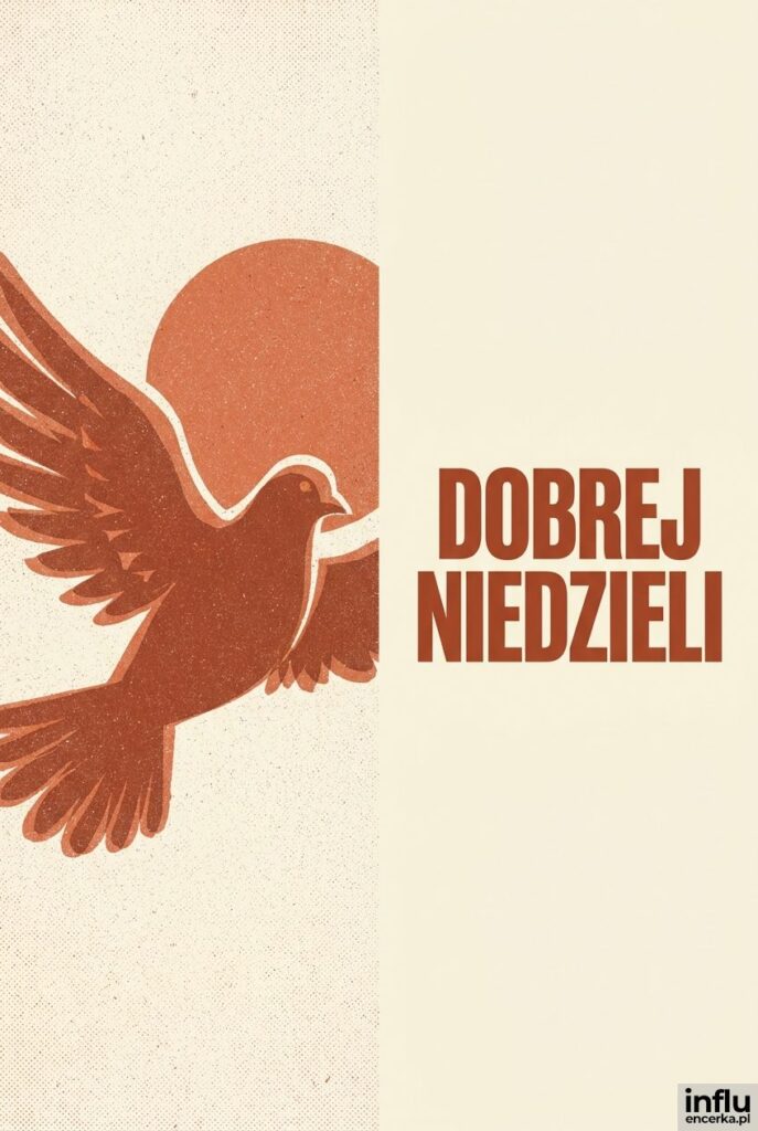 Ilustracja gołębia z rozłożonymi skrzydłami w stylu risografu i napis „Dobrej niedzieli”.