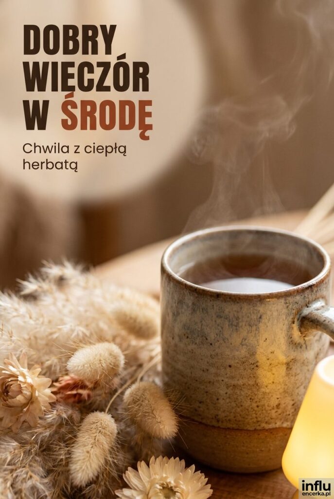 Ceramiczna filiżanka herbaty obok suszonych kwiatów z napisem "Dobry wieczór w środę" i zachętą do chwili relaksu.