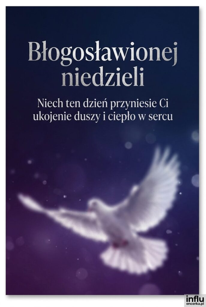 Nastrojowy granatowo-fioletowy gradient z sylwetką gołębicy i napisem Błogosławionej niedzieli.