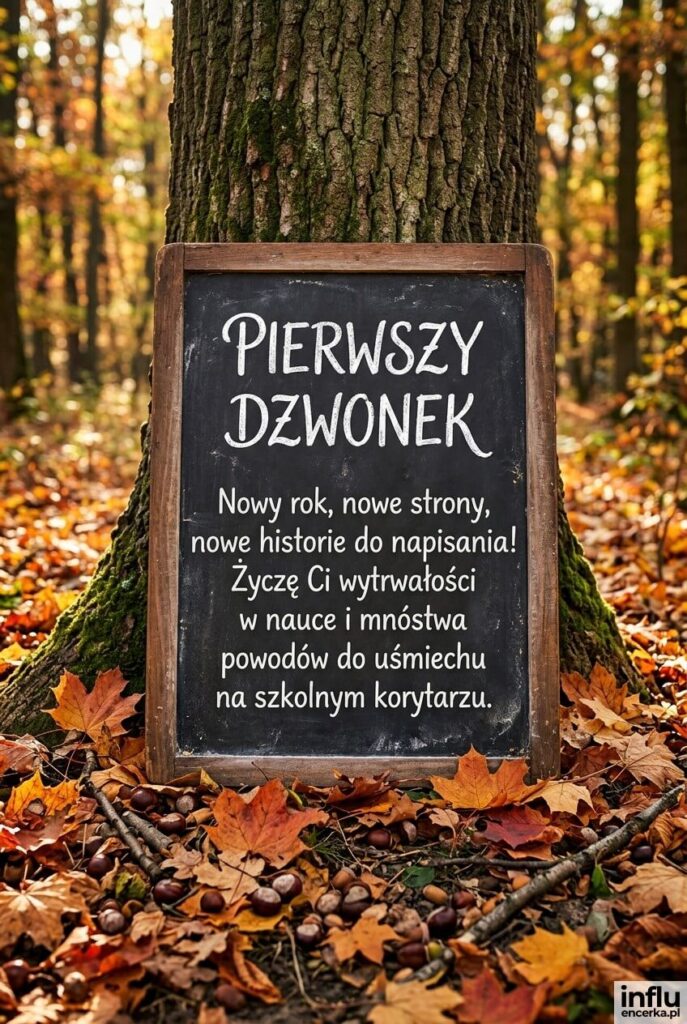 Kartka fotorealistyczna pokazuje starą tablicę wśród jesiennych liści klonu i kasztanów, z nagłówkiem „PIERWSZY DZWONEK” i życzeniem szkolnym.
