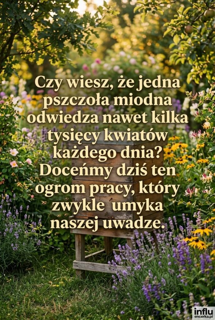 Drewniany ul pszczeli w ogrodzie w ciepłym świetle popołudnia, z pytaniem „Czy wiesz, że pszczoła odwiedza tysiące kwiatów dziennie?".
