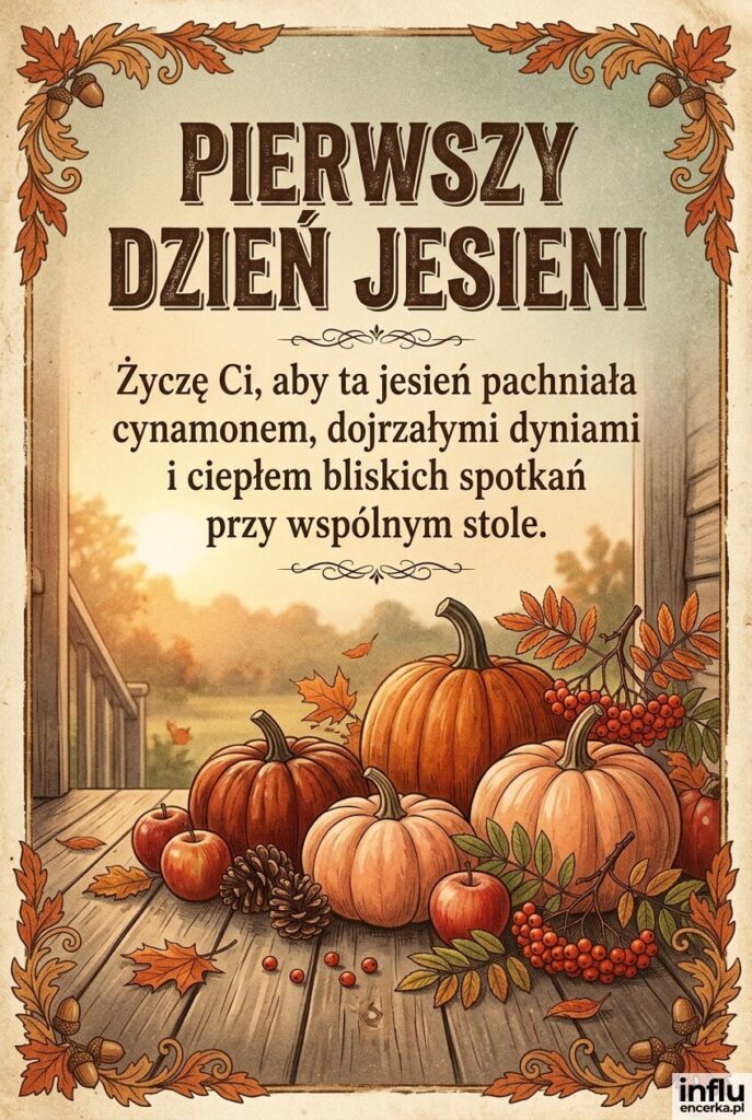 Kartka w stylu vintage z dyniami, jabłkami i szyszkami na drewnianym ganku, z nagłówkiem „PIERWSZY DZIEŃ JESIENI" i napisem „Życzę Ci, aby ta jesień pachniała cynamonem, dojrzałymi dyniami i ciepłem bliskich spotkań przy wspólnym stole".