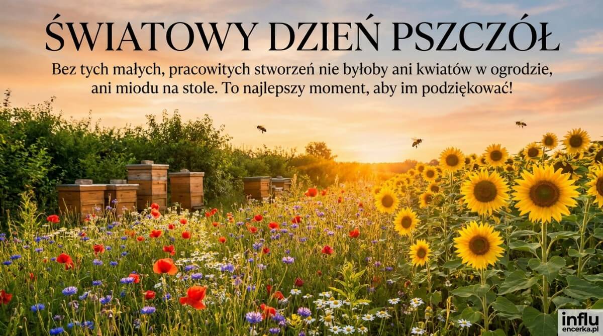 Panoramiczna łąka ze słonecznikami i drewnianymi ulami w złotym świetle, z nagłówkiem „ŚWIATOWY DZIEŃ PSZCZÓŁ" i życzeniem podziękowania dla pszczół