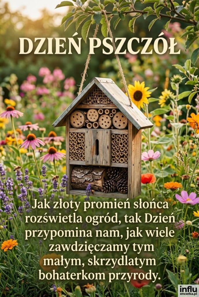 Drewniany hotel dla owadów wśród kwiatów w ogrodzie, z nagłówkiem „DZIEŃ PSZCZÓŁ" i życzeniem o wdzięczności wobec pszczół.