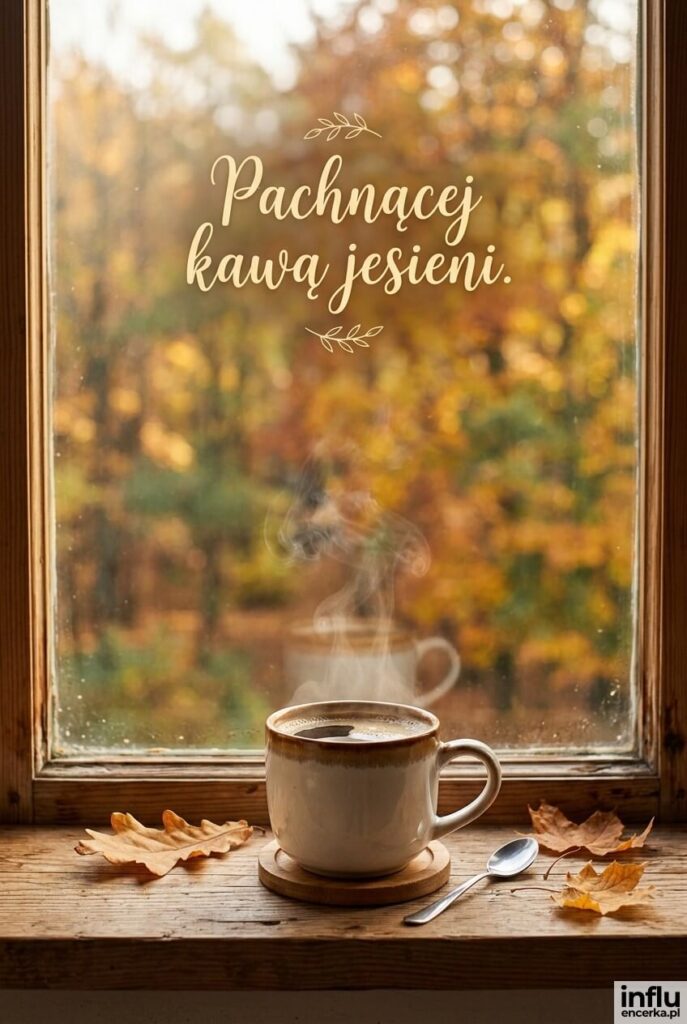 Fotorealistyczna kartka z parującą filiżanką kawy na parapecie i rozmytymi złotymi drzewami w tle, z napisem „Pachnącej kawą jesieni".