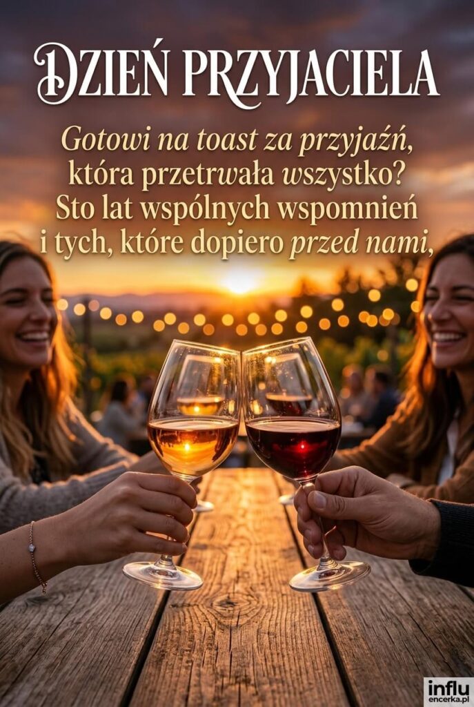 Dwa kieliszki wina stykające się w toaście o zachodzie słońca pod nagłówkiem „Dzień Przyjaciela”.