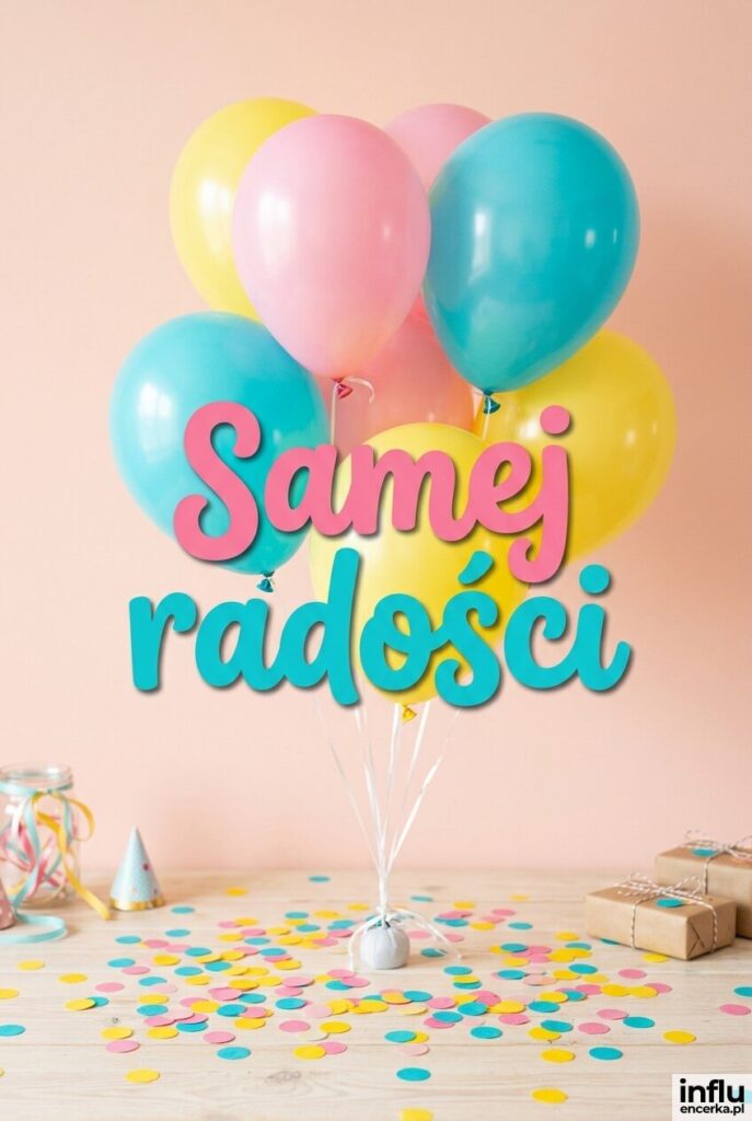 Kolorowe balony i konfetti na pastelowym tle z napisem „Samej radości”.