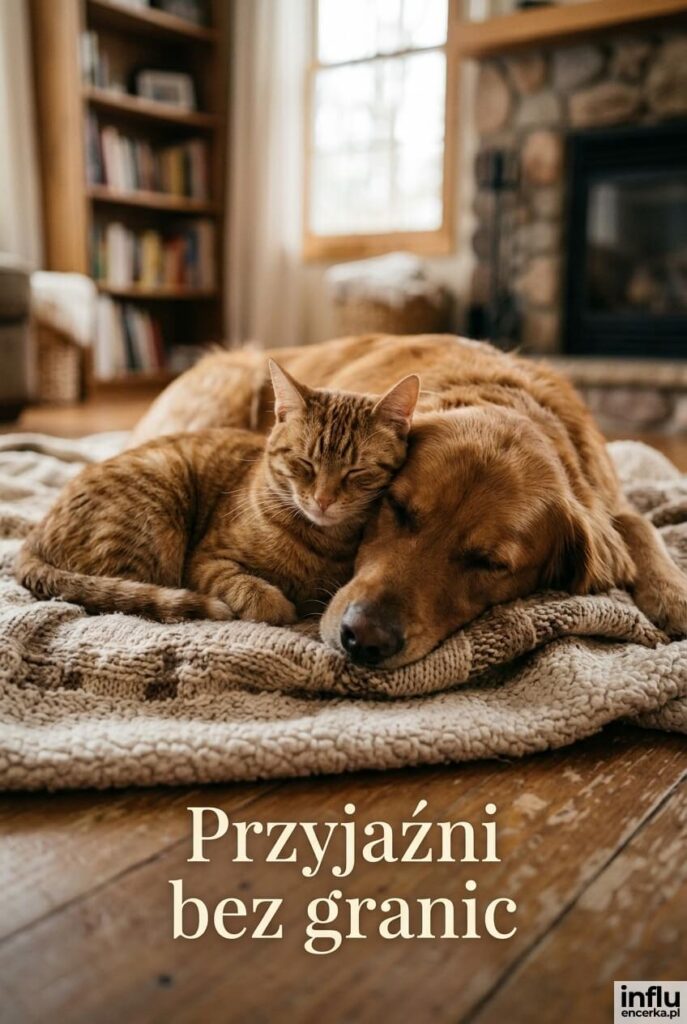 Kot i pies przytuleni na kocu w ciepłych barwach z napisem „Przyjaźni bez granic”.